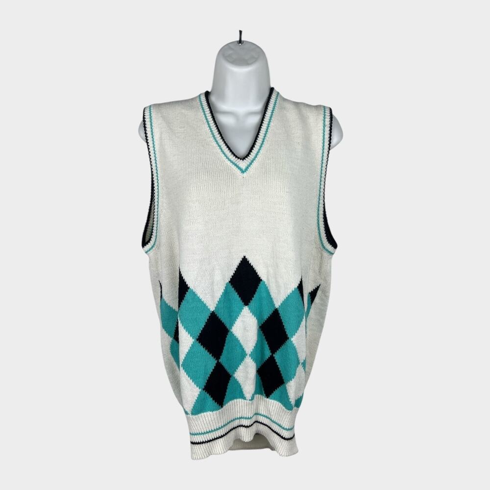 Vintage White Blue Teal Black Argyle Pattern Sweater Vest Preppy Academia Medium